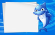 A blue shark beside an empty paper under the water
