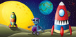 Two spaceships and a purple robot in the outerspace