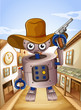 A robot wearing a hat and holding a gun