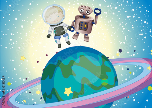 Vector: A boy and a robbot in the outer space A boy and a robbot in the outer space