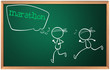 A blackboard with a drawing of two boys having a marathon