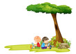 A girl and a boy with laptops under the tree