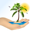 Sea ??island with palm in a female hand. Vector