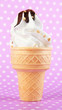 Tasty ice cream with chocolate, on purple background