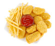 Fried chicken nuggets with french fries and sauce isolated