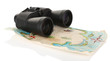 Black modern binoculars with map of adventure isolated on white