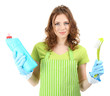 Young woman wearing rubber gloves with cleaning supplies,