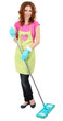Young housewife with mop, isolated on white