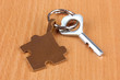 Key with leather trinket on wooden background