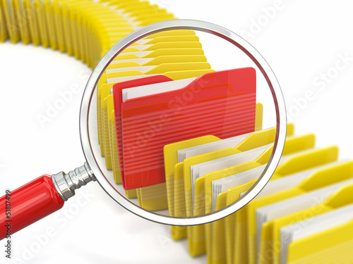 Illustration: Files search. Folders and loupe on white background. Files search. Folders and loupe on white background.