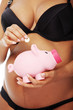 Young beautiful pregnant woman holding a pink piggybank