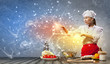 Asian female cooking with magic