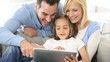 Parents and child playing with tablet
