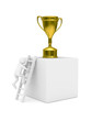 Illustration: man with cup on podium. Isolated 3D image man with cup on podium. Isolated 3D image