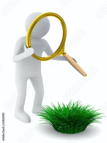 Illustration: Man with magnifier and grass. Isolated 3D image Man with magnifier and grass. Isolated 3D image