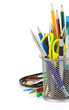 holder basket and office supplies isolated on white