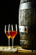 Wine barrel with glasses of sherry