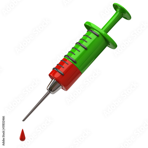 Illustration: Stylized injection syringe and red drop Stylized injection syringe and red drop
