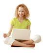 Photo: Happy woman sitting on floor and shopping Happy woman sitting on floor and shopping