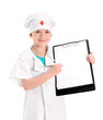 Smiling young nurse showing medical report