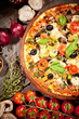 Delicious fresh pizza served on wooden table