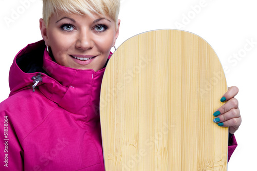 Photo: Cheerful young woman with snowboard Cheerful young woman with snowboard