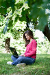 Pretty girl using laptop in park