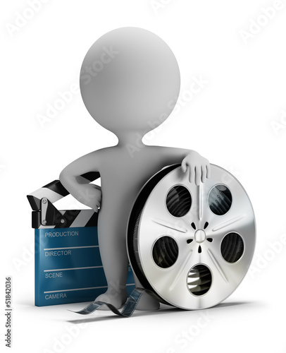 Illustration: 3d small people - cinema clapper and film tape 3d small people - cinema clapper and film tape