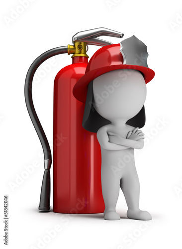 Illustration: 3d small people - fireman and a large extinguisher 3d small people - fireman and a large extinguisher