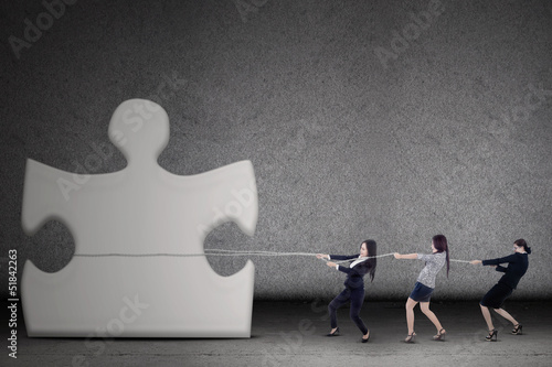 Photo: Businesswomen teamwork pull a puzzle Businesswomen teamwork pull a puzzle