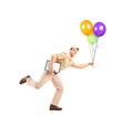 Full length portrait of a mailman delivering balloons