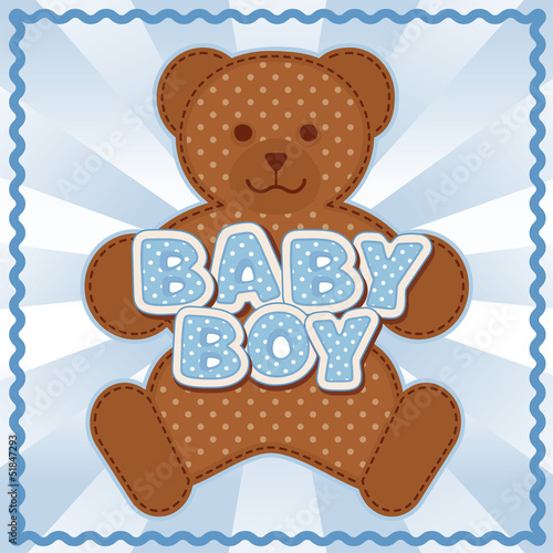 Illustration: Baby Boy Teddy Bear. Blue polka dot letters, rick rack frame. Baby Boy Teddy Bear. Blue polka dot letters, rick rack frame.