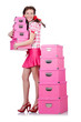 Young woman with storage boxes on white