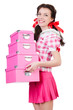 Young woman with storage boxes on white