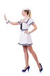 Woman in costume pushing virtual obstacle