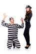 Police and prison inmate on white