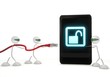 Illustration: unsafe icon on a smart phone with three robots unsafe icon on a smart phone with three robots