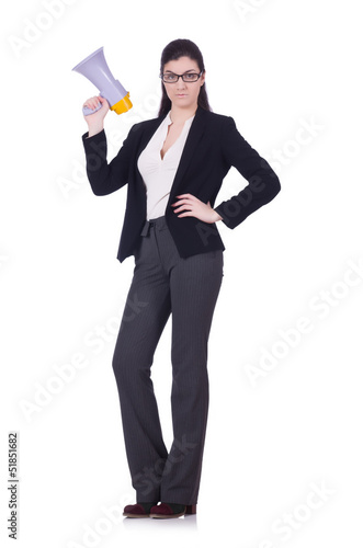 Photo: Woman screaming through loudspeaker on white Woman screaming through loudspeaker on white