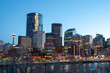 Calgary skyline at dusk, with Bow in foreground.