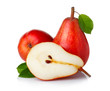 Ripe red pear fruits with green leaves isolated