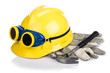 Photo: Helmet and tools isolated on white Helmet and tools isolated on white