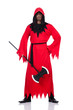 Executioner in red costume with axe on white