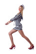Woman in costume pushing virtual obstacle