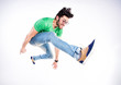 handsome man dressed casual jumping and smiling  - dynamic wide