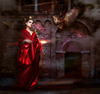 Magic.  Witchcraft. Sorcerer with Vulture Hawk. Ancient Castle