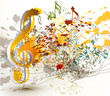 Vector: Art ornate treble clef with colorful splash, staves and notes fo Art ornate treble clef with colorful splash, staves and notes fo