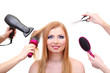 Beautiful woman and hands with brushes, scissors and hairdryer