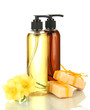 Liquid and hand-made soaps isolated on white