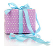 Present box with ribbon curl isolated on white