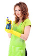 Young woman holding sprayer, isolated on white